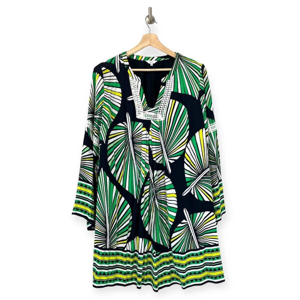 Crown & Ivy Long Sleeve Leaf Print Shift Dress Navy Blue Green Yellow White XL